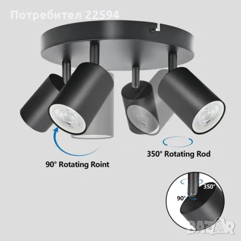 BOYIR LED таванска лампа 4-ка , завъртаща се , за кухня , всекидневна – Черна, снимка 4 - Лед осветление - 55853407