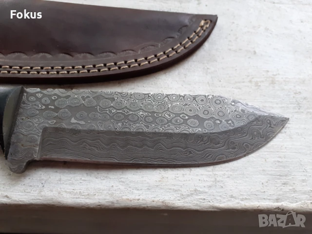 Страхотен ловен нож дамаска стомана нов с кожена кания, снимка 3 - Антикварни и старинни предмети - 51205430