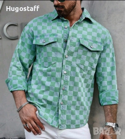 Ново мъжко дънково яке зелено шах деним памук ХХЛ, снимка 4 - Якета - 52159109