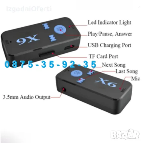 X6 Bluetooth Audio Aux Adapter блутут адаптер с микрофон и Карта Памет, снимка 8 - Аксесоари и консумативи - 49201209