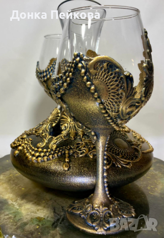 Сет за вино от 3 части декантер с 2 чаши ръчна изработка, снимка 4 - Декорация за дома - 44816490