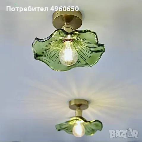 Зелен стъклен полилей с медни/месингови детайли