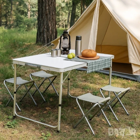 Комплект сгъваема алуминиева маса с 4 стола – идеален за къмпинг, двор и почивка, снимка 2 - Маси - 51150826