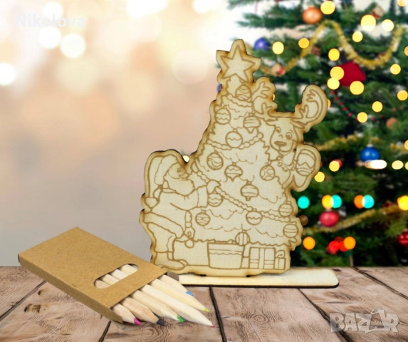 Коледна дървена фигурка за оцветяване със стойка и моливи, снимка 7 - Фигурки - 52276070