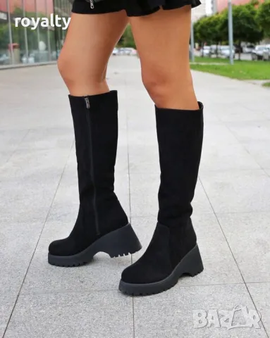Ботуши на платформа - черен велур