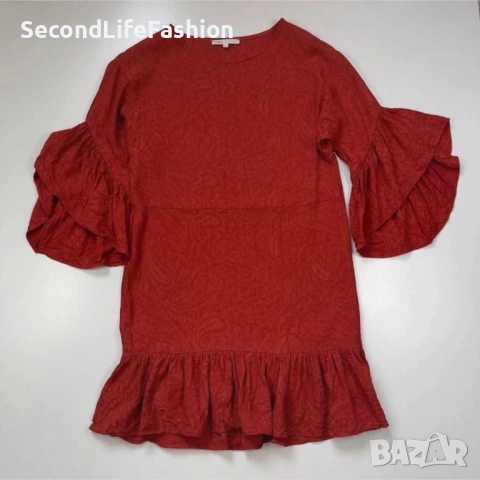 Мини рокля Maje Rahima от червен сатен и жакард с волани размер 2 S, снимка 3 - Рокли - 53221716