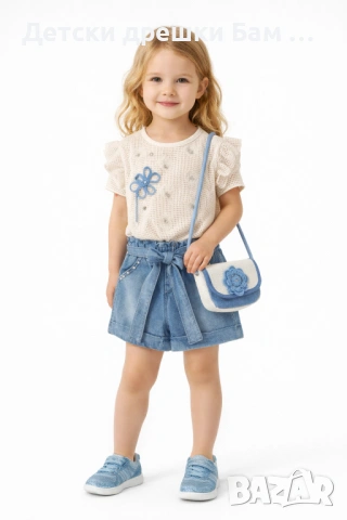 Летен комплект за момиче с дънкови панталонки и чанта с цвете