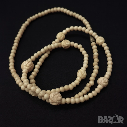 Ръчно резбована стара огърлица от слонова кост, снимка 2 - Колиета, медальони, синджири - 46411906
