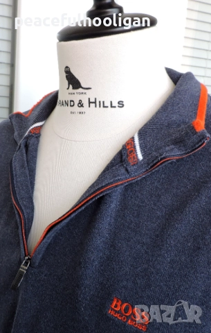 Hugo Boss Mens Navy Blue 1/4 Zip Long Sleeve Cotton Jumper Pullover Size XL /XXL, снимка 6 - Пуловери - 52949296