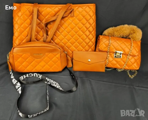 Комплект 4 броя: Кафява чанта с 2 чантички, портмоне и пухкав шал