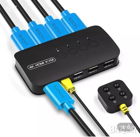KVM превключвател 4 порта, HDMI USB селектор за 4 компютъра, споделяне на клавиатура, мишка и др.