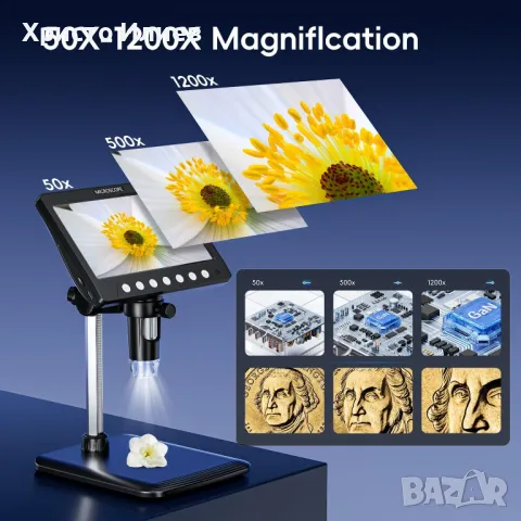 Дигитален Цифров микроскоп с дистанционно Увеличение 50Х – 1200Х Екран 7 инчов HD IPS със светлини, снимка 3 - Друга електроника - 49618530
