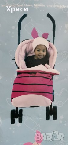 Комплект нов за количка- двулицева подложка с покривало за краката, ръкавички и шапка, Disney-piglet, снимка 1