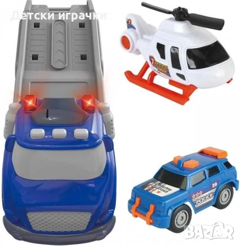 Комплект камион пътна помощ с кола и хеликоптер, с ефекти , снимка 2 - Коли, камиони, мотори, писти - 52070423