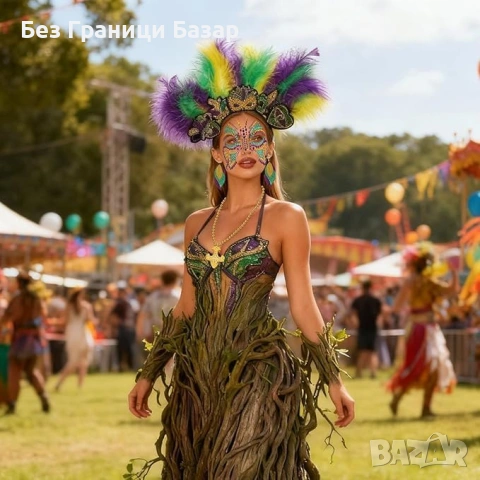 Нов женски Карнавален комплект аксесоари с пера, гердани и стикери за лице, снимка 4 - Други - 53817393