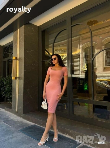 Розова миди рокля с квадратно деколте – елегантен базов модел, снимка 2 - Рокли - 53706594