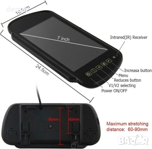 Камера за заден ход с двоен обектив, 7-инчов монитор за огледало, снимка 4 - Аксесоари и консумативи - 53645519