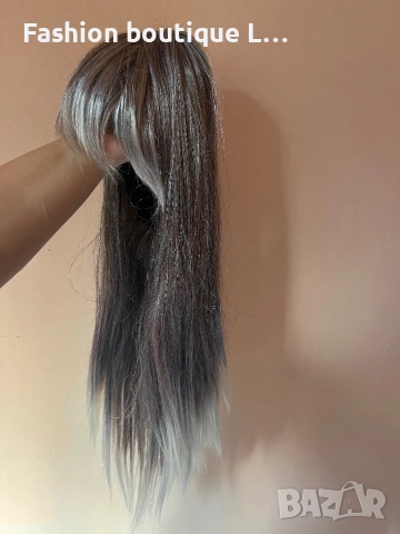 Перука с бретон в сребристо сив цвят с бели връхчета ❤️, снимка 6 - Аксесоари за коса - 53005840