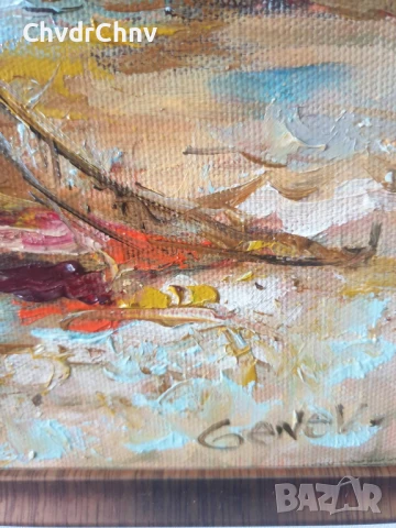 Димитър Генев 33x27см/малка българска картина масло върху платно/морски пейзаж/рибарски лодки, снимка 6 - Картини - 51153040