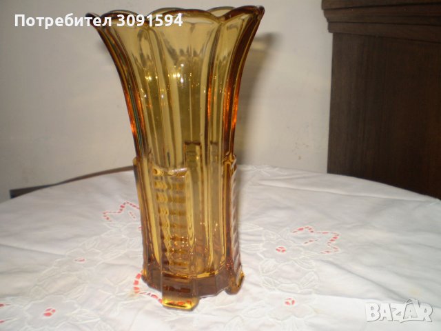 Винтидж арт деко 1930 стъклена ваза с кехлибарен цвят, снимка 5 - Други ценни предмети - 41709750