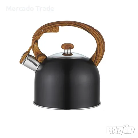 Чайник Mercado Trade, Метал, Черен с дървена дръжка
