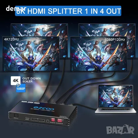 4K 120Hz HDMI 2.1 сплитер 1X4 аудио екстрактор VRR ALLM HDCP2.3 HDR10+ SPDIF, снимка 3 - Друга електроника - 50434061