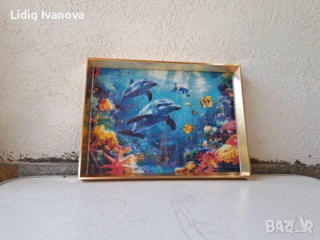 Диамантен гоблен делфини-готов и рамкиран, снимка 3 - Гоблени - 50711730