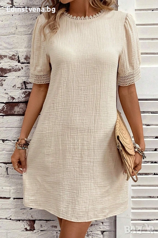 Дамска къса рокля в бежово с къси бухнали ръкави и бродерия, 100% памук, снимка 1