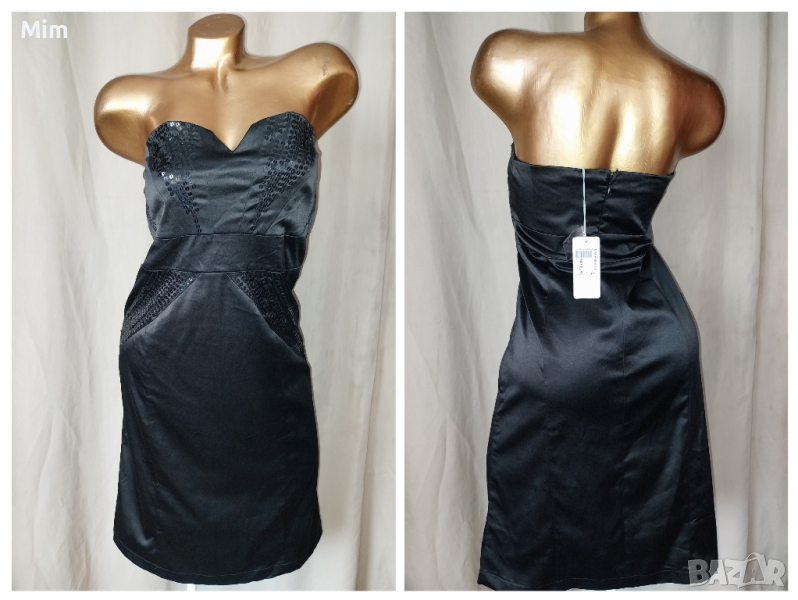 L Черна сатенена рокля с пайети , снимка 1