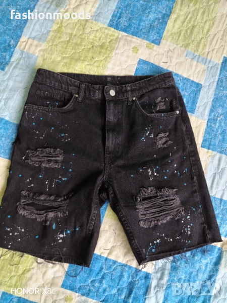 Мъжки къси дънки черни накъсани със пръски, снимка 1
