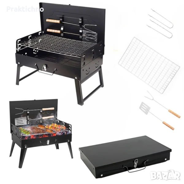 Преносимо барбекю, модел куфарче с капак, 3 регулируеми височини, с аксесоари за готвене, снимка 1