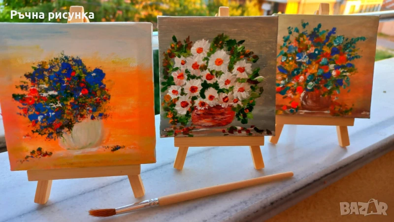 Малки рисувани картини с природа и море със статив , снимка 1