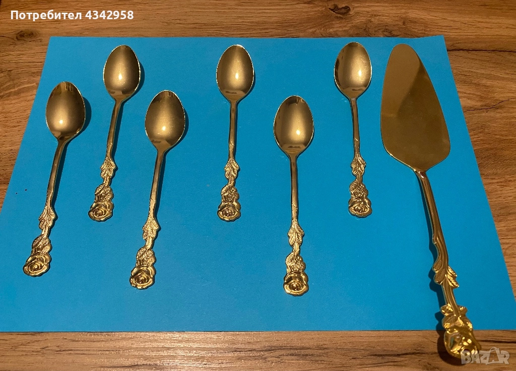 Чайни лъжички "Hildesheim Rose", неръждаема стомана, позлатени с 20-каратово злато, 1950-1960, снимка 1