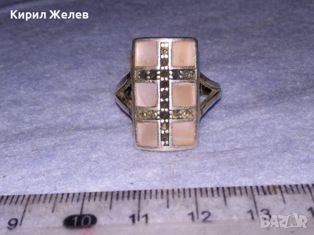 СРЕБЪРЕН СЕДЕФЕН АРТ ПРЪСТЕН СРЕБРО 925 с ШЛИФОВАН РОЗОВ СЕДЕФ и МАРКАЗИТИ - ЧАСТ от КОПЛЕКТ 27694, снимка 15 - Пръстени - 41638263