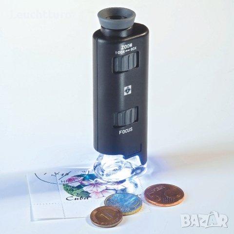 мини джобен микроскоп LEUCHTTURM -60X 100X с LED подсветка , снимка 2 - Нумизматика и бонистика - 39149042