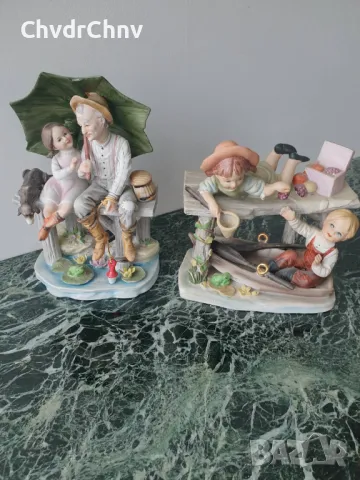 2бр японски статуетки 17-20см/порцеланови фигури композиции/деца-лодка/дядо-дете-куче