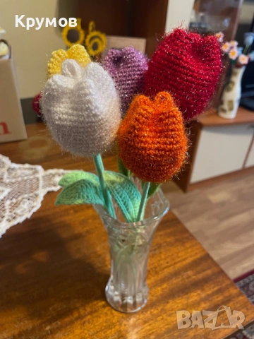 Плетени цветя на мама ръчно на 1 кука роза лилиум лале, снимка 5 - Декорация за дома - 53311221
