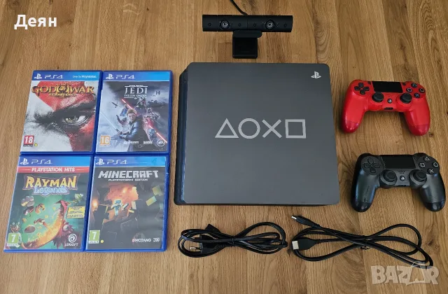 PS4 Slim Days of Play Edition 1TB Steel Black + 2 оригинални контролера + камера + 4 игри