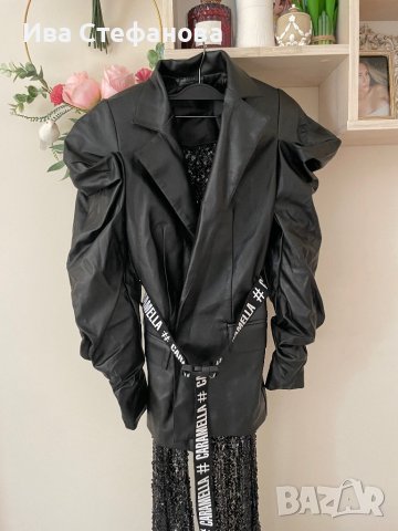 Ново кожено черно сако блейзер буфан ръкав Caramella Fashion 