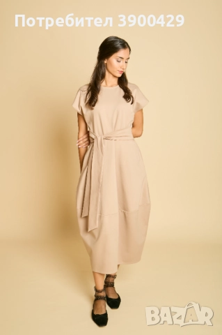 Скулптурна Памучна Миди Рокля - Sammy - Бежова, снимка 2 - Рокли - 52184058