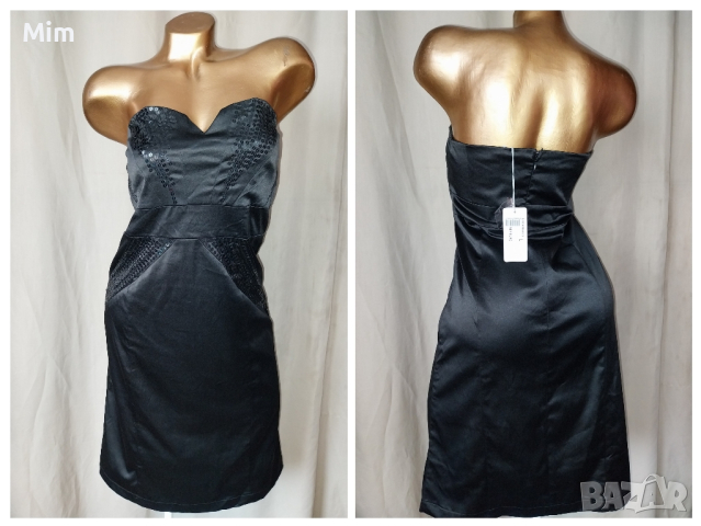 L Черна сатенена рокля с пайети , снимка 1 - Рокли - 44802406
