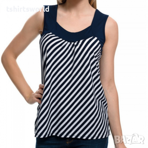 Нова дамска елегантна моряшка блуза без ръкави на тънко райе