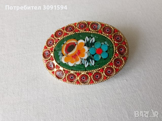 Винтидж италианска микромозайка с флорална овална игла, брошка, снимка 7 - Антикварни и старинни предмети - 41479094