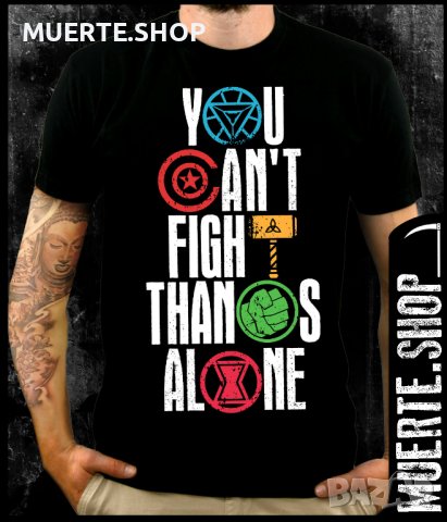 Черна тениска с щампа FIGHT THANOS ALONE, снимка 1 - Тениски - 41080145