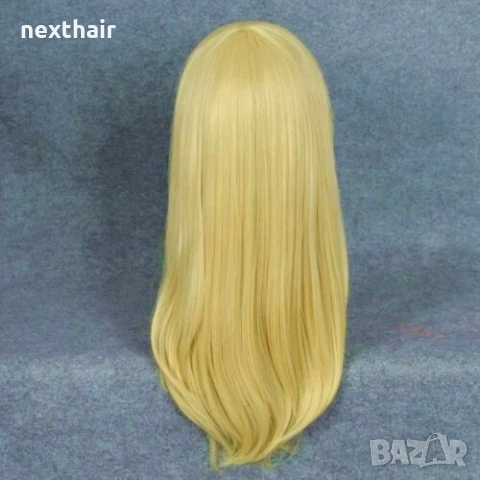 Златисто руса аниме косплей перука с бретон - 55 см, снимка 4 - Аксесоари за коса - 53192671