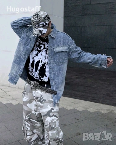 Ново мъжко карго дънково яке риза Street Style накъсан вид овърсайз деним памук ХЛ, снимка 4 - Якета - 53093259