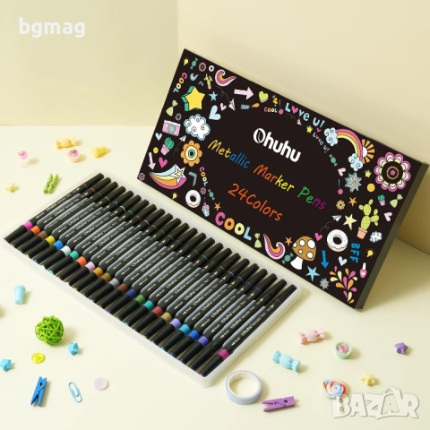 ✎Ohuhu Metallic Marker Pens маркери с два писеца тип четка и тънък писец, 24 металикови цвята, снимка 6 - Ученически пособия, канцеларски материали - 52183635