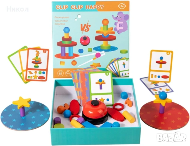 Игра от дървени блокове за развитие на когнитивните умения и наблюдателността Clip Clip Happy, снимка 4 - Образователни игри - 53568222