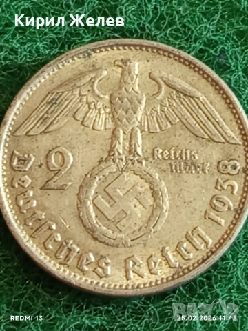 Сребърна монета 2 райхсмарки 1938г. Германия Трети Райх с Свастика за КОЛЕКЦИОНЕРИ 13807, снимка 5 - Нумизматика и бонистика - 53616132