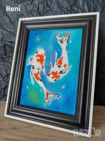 Японски рибки Кои, картина пастел, оригинал, снимка 3 - Картини - 44224588